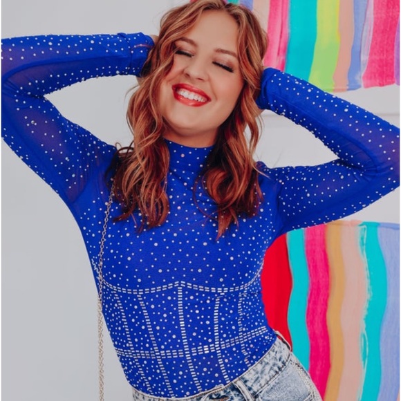 Tops - Rhinestone mesh royal blue bodysuit